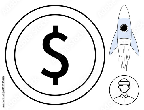 Large dollar coin, rocket launch, and a male figure signifying finance, innovation, and progress. Ideal for startup, business growth, investment, entrepreneurship savings fintech and innovation