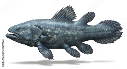 Extinct-looking coelacanth fish with detailed scales and fins, isolated on white background.