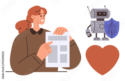 Woman pointing at a document with a robot holding a shield, alongside a heart. Ideal for technology, innovation, artificial intelligence, cybersecurity, human connection, education, and teamwork
