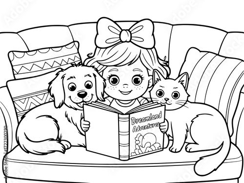 Black and white coloring page showing a young girl with a large bow in her hair, reading a book. she is comfortable seat on a couch between her two smiling pets creating a heartwarming and cozy scene.