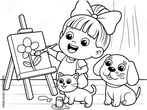 A black and white coloring page showing a young girl happily painting a flower on a canvas. She is accompanied by two adorable pets. The scene is charming and cheerful.