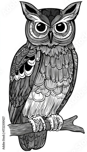 Detailed black and white illustration of an owl perched on a branch, featuring intricate feather detailing and large, expressive eyes.