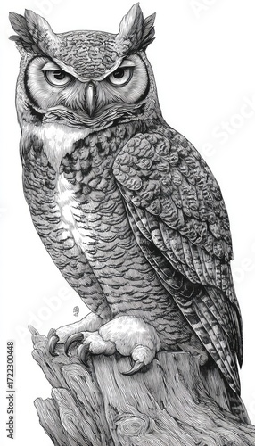 Detailed illustration of a great horned owl perched on a tree stump, showcasing intricate feather detail and a serious expression.