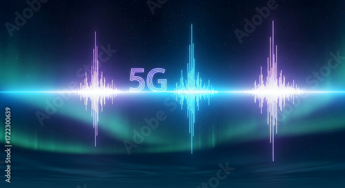 High-speed 5G internet connection concept with a glowing soundwave and aurora background