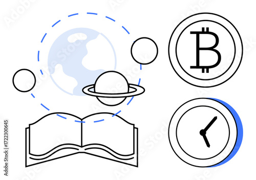 Open book with planets, global connection, cryptocurrency, and clock emphasizing education, technology, finance, time, and innovation. Ideal for learning blockchain future simplicity universal