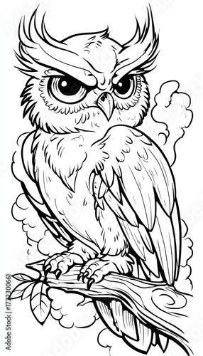 Intricate black and white illustration of a fierce owl perched on a weathered branch, showcasing detailed line work and a dramatic, stylized design.