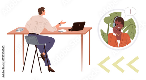 Businessman seated at desk speaking to customer support representative via video call bubble. Ideal for themes thumbs up remote help, online support, client service, teamwork, communication, customer