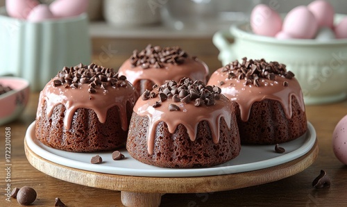 Chocolate cupcakes topped with chocolate chips on a white plate