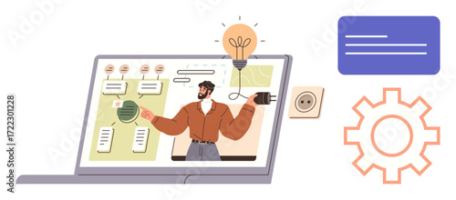 Man delivering an online presentation with charts, flowcharts, lightbulb for ideas, plug for connection, and a gear symbolizing process. Ideal for education, innovation, workflow, creativity