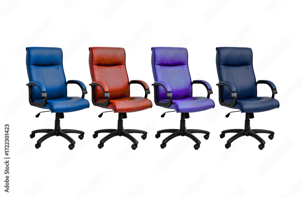 Obraz premium Colorful Office Chairs – Ergonomic High-Back Seating in Blue, Red, Purple, and Dark Blue
