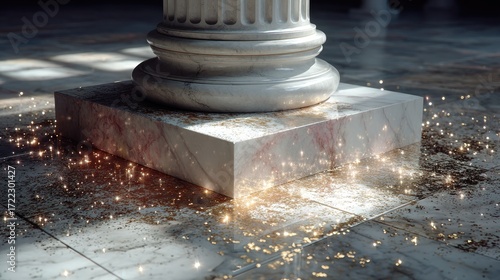 Illuminated Marble Pedestal with Gold Glitter Accents on Reflective Floor