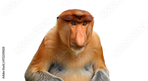 Proboscis monkey with unique nose and realistic fur detail, isolated on white background.