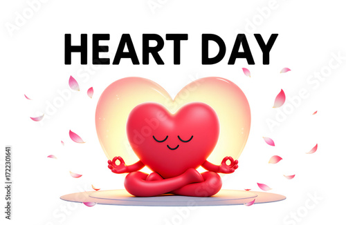 Heart Day Meditation – Cute Red Heart Character in Yoga Pose with Petals