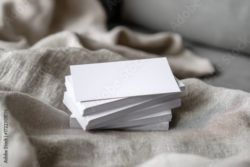 Stack of blank white business cards on a beige blanket