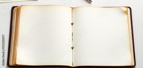 Well-worn brown sketchbook open to blank pages, showing textured paper and spine,  texture,  old