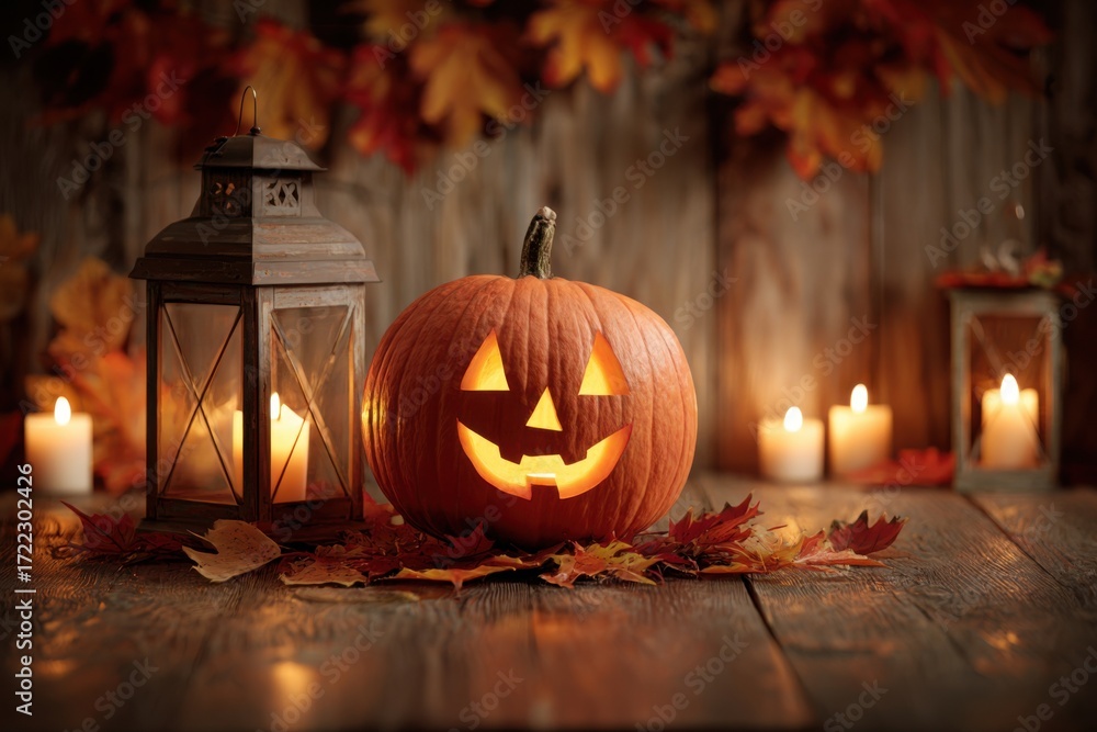 Obraz premium halloween pumpkins on wooden floor. jack-o-lanternon empty wooden background. Halloween pumpkin decoration border.