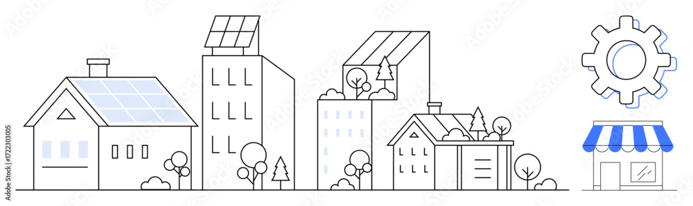 custom made wallpaper toronto digitalSolar panels on homes and buildings, trees, small shop, and gear icon. Ideal for sustainability, green energy, urban planning, eco-friendly lifestyle, community development innovation simple flat