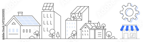 Wallpaper Mural Solar panels on homes and buildings, trees, small shop, and gear icon. Ideal for sustainability, green energy, urban planning, eco-friendly lifestyle, community development innovation simple flat Torontodigital.ca