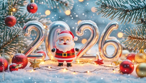 Festive Christmas and New Year celebration scene featuring Santa Claus, holiday decorations, sparkling lights, snow-covered landscape, joyful seasonal atmosphere, and vibrant ornaments