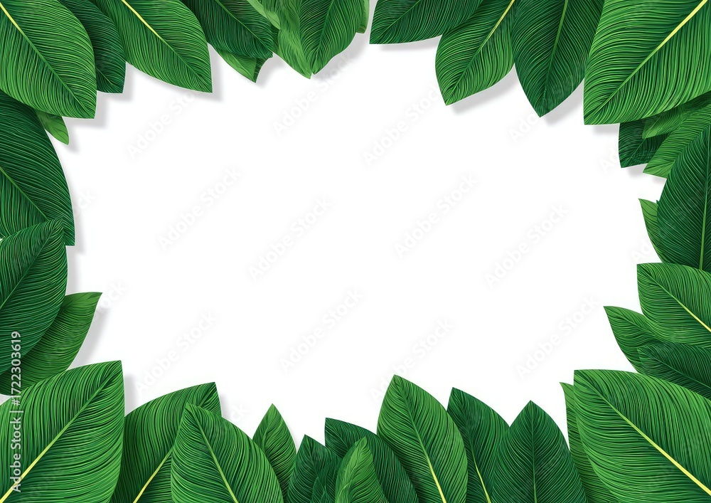 Fototapeta premium Lush green leaves frame a white background