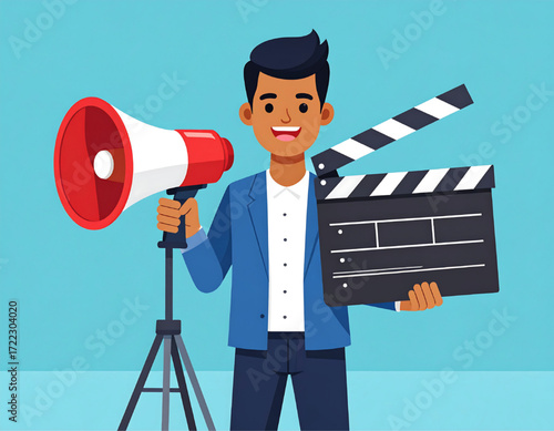 A man in a business suit holds a megaphone and clapperboard, suggesting a role in film production or broadcasting.