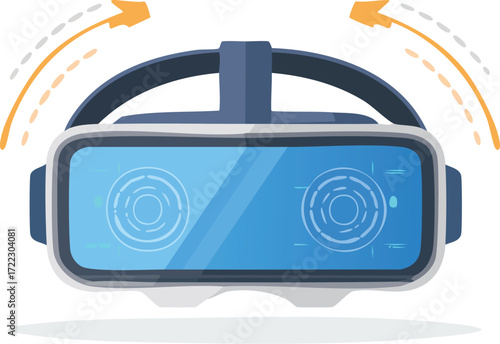 A modern virtual reality (VR) headset with rotation arrows. A vector illustration for concepts of metaverse, gaming, and future technology. Generative AI