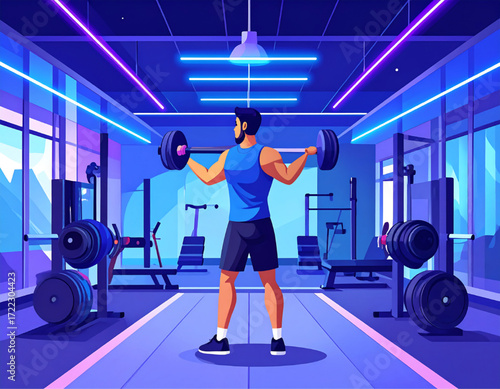 Man lifting barbell in a modern, brightly lit gym with various exercise machines.