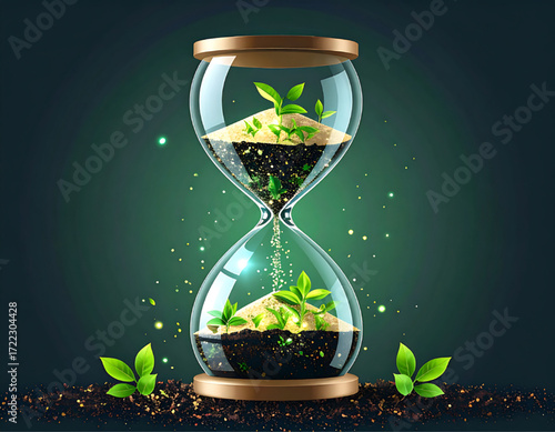 Hourglass with sand replaced by soil and growing plants, symbolizing time, growth, and the environment.