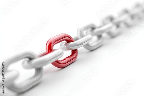 A single, red link in a chain of many white links,  against a plain white background