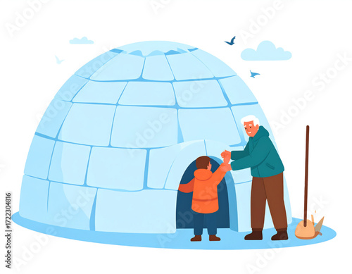 Grandfather and child entering an igloo, a traditional snow shelter, on a cold winter day.