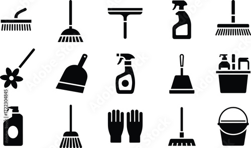 Cleaning tools, silhouette icons, broom, mop, spray bottle, dustpan, gloves, bucket, plunger, duster, detergent, hygiene, sanitation, supplies, equipment, household, maintenance