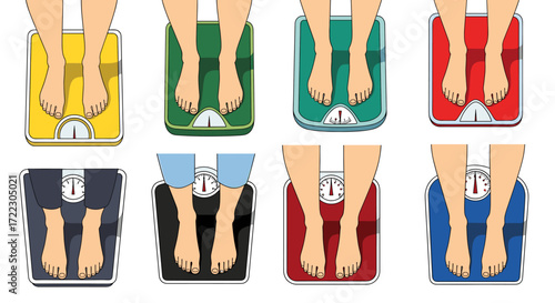 Vector illustration set of feet on colorful weighing scales. Concept for diet, fitness, health, body management, and healthy lifestyle.