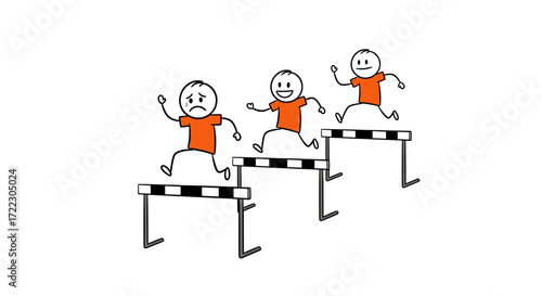 Stick figures in a hurdle race showing success and failure, one struggling while others lead. Conceptual illustration of competition.