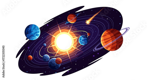 Vibrant solar system illustration with the sun, planets, moons, and a comet streaking through space, depicting cosmic wonder and scientific exploration, perfect for educational content.
