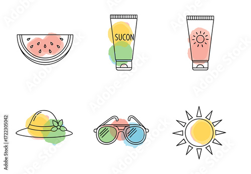 Minimalist summer vacation essentials vector illustration featuring line art icons with vibrant watercolor splashes on a clean white background