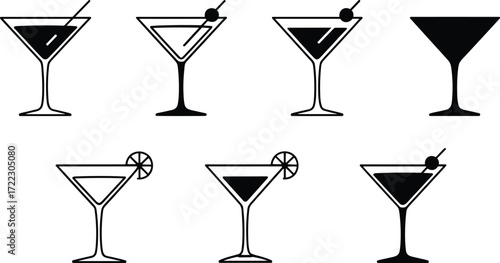 Cocktail glass icons, stylish drink illustrations, cherry garnish, lime slice, bar elements, mixology design, vector set, nightlife concept, minimal art