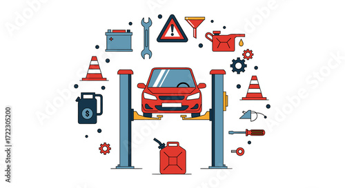 Car service and auto repair concept vector illustration. Automobile on a lift surrounded by maintenance and diagnostic icons and equipment.