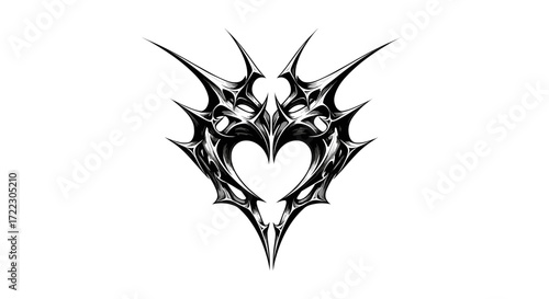 Ornate gothic heart emblem with sharp, spiky edges and intricate dark tribal design elements, symbolizing intense emotion or dark romance, perfect for edgy graphic resources or tattoo inspiration.