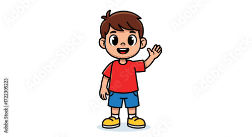 Cute cartoon boy character smiling and waving his hand with a happy friendly expression. Vector illustration of a cheerful kid isolated.