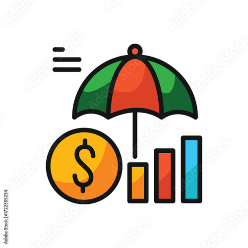 An umbrella protects a coin and bar chart