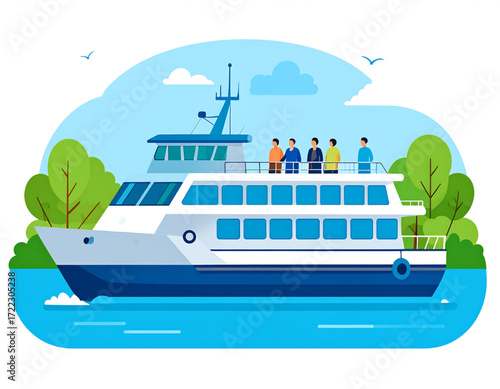 River cruise ship with passengers enjoying a scenic voyage.
