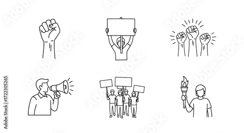 Set of protest and activism line icons with raised fist, megaphone, and signs for demonstration and revolution vector illustration concept