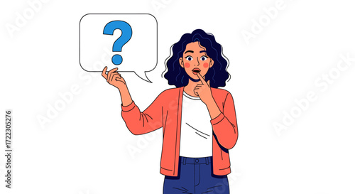 Vector illustration of a thoughtful young woman holding a question mark symbol in a speech bubble, expressing confusion and seeking answers.