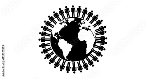 Global community of diverse people standing united around the world, symbolizing connection, cooperation, and shared humanity, a powerful concept.