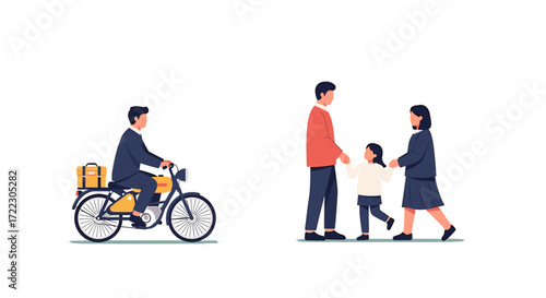 Illustration of a father on a motorcycle delivering goods and a family with a child, representing modern lifestyle and transport solutions