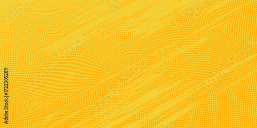 Yellow halftone pattern. Retro comic gradient background. Bright orange pixelated dotted texture overlay. Cartoon pop art faded gradient pattern. Vector backdrop for poster, banner, advertisement