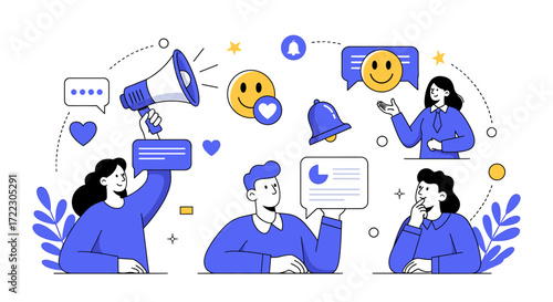 Business team using megaphone for digital marketing campaign and collecting online customer feedback with social media icons vector illustration
