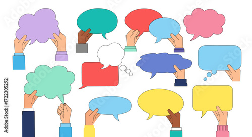 Group of diverse hands holding colorful empty speech bubbles for communication, dialogue, and social media feedback on a white background.