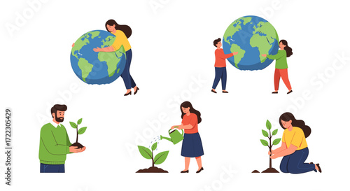 Set of diverse people caring for the environment, planting trees, watering saplings, and hugging the Earth to save the planet concept.