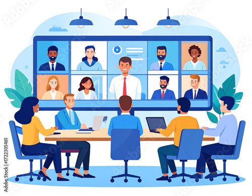 A group of people in a meeting, with a screen showing remote participants.